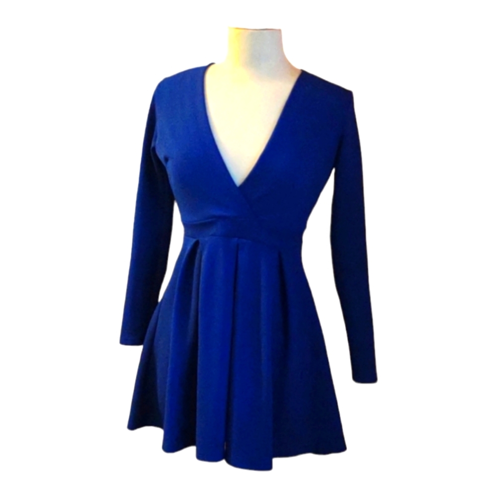 GUC sz M Charlotte Russe long sleeve deep V pleated A line dress cobalt blue